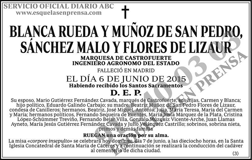 Blanca Rueda y Muñoz de San Pedro, Sánchez Malo y Flores de Lizaur